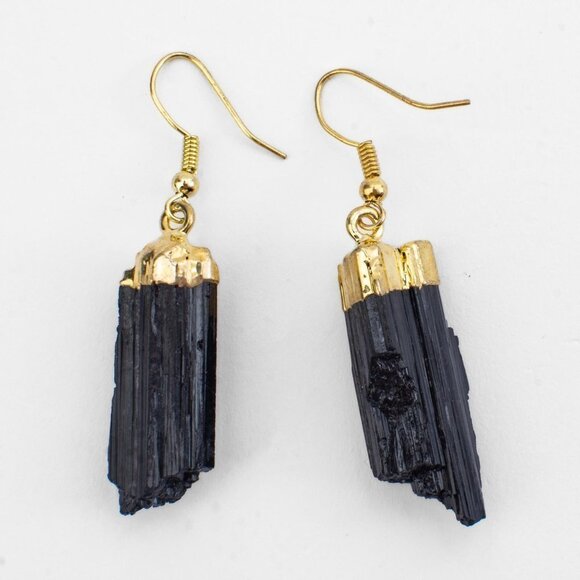 Raw Black Tourmaline Protection Earrings with Gold Trim – Grounding, Positivity - Picture 5 of 7